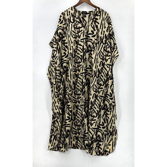 Ashro Woman's Caftan Dress Free Size Satin Pullover Animal Print Beige Black - Picture 2 of 7